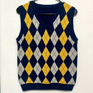Navy and Yellow Argyle Knit Sweater Vest